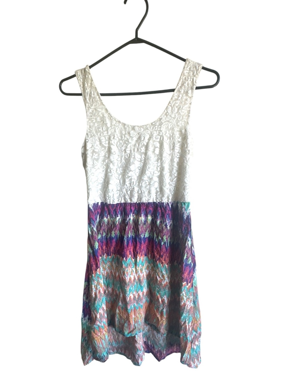 CUPIO Women’s Summer Dress White Lace Bodice Colourful Patterned Design Size M